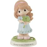 Precious Moments Friendship Figurine | So Lucky to Have A Friend Like You Brunette Bisque Porcelain Figurine | Four-Leaf Clover | Gift for Friend