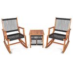 ORALNER 3 Pieces Patio Rocking Bistro Set, Outdoor Rocking Chairs with All-Weather Woven Rope Seat, Acacia Coffee Table, Conversation Furniture Set for Balcony Front Porch Garden Deck Poolside