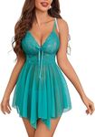 Love Maker Women Solid Net Lace Babydoll V-Neck Wedding Nighty Above Knee Lingerie S-3XL Green