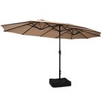 Tangkula 15FT Double-Sided Patio Umbrella with Base, Extra-Large Market Umbrella W/Crank System, Outdoor Twin Umbrella W/ 12-Rib Metal Structure & Air Vents for Garden, Backyard, Poolside (Brown)