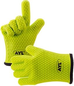 AYL Silicone Smoker Oven Gloves - Extreme Heat Resistant BBQ Gloves - Handle Hot Food on Grill, Pit & Turkey Fryer | Waterproof Meat Handling Mitts with Cotton Layer | Set + Bonuses (Green)