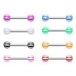 PiercedOff Multipack of 8 Straight Barbells with Candy Striped Acrylic Balls - Thickness 14GA (1.6mm) / Length 16mm / Ball Size 6mm