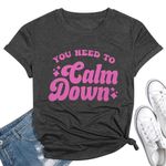 VILOVE Country Concert Shirts for Women Calm Down Shirt Be Cool Music Lovers Tees Casual Holiday Short Sleeve Tops Dark Gray