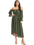 Anna-Kaci Womens Casual Boho Long Sleeve Off Shoulder Renaissance Peasant Dress, Olive Green, X-Large