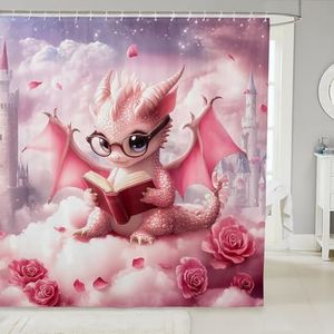 Kawaii Dragon Shower Curtain Western Magical Animal Bathroom Shower Curtain Set for Kids Pink Rose Flower Castle Bath Curtain Dreamy Gradient Sky Waterproof Curtains Room Decor 72 x 78 Inch