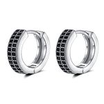 Small Silver Hoop Earrings for Women Men | Sterling Silver Earring Post Double-row Black Cz Cubic Zirconia Pave Hinged Huggie Hoops Cartilage and Helix Earrings, Piercings Jewelry, 8mm