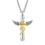 GMXLin Cross Heart Cremation Urn Necklace for Brother Ashes Human Angel Wings Jewelry Holder Men Women Memorial Keepsake Pendant with Stainless Steel Chain