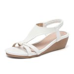 AMOJI Women's Comfortable White T-strap Wedge Sandals Summer Ankle Strap Dressy Sandals Sandales compensées femmes 610 White Size 8