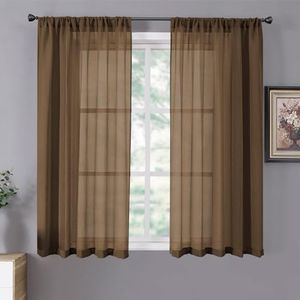 Tollpiz Sheer Curtains Living Room Linen Textured Curtain Sheers Light Filtering Voile Rod Pocket Curtains for Bedroom, 38 x 63 inches Long, Brown, Set of 2 Panels