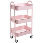 DOEWORKS Storage Cart 3 Tier Metal Utility Cart Rolling Trolley Cart Organizer Cart with Wheels for Kitchen Makeup Bathroom Office, Light Pink