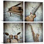 LyerArtork 4 Panel Music Canvas Wall Art Vintage Piano Guitar Drum Set Saxophone Pictures Stretched Canvas Framed Art Abstract Music Notes Posters Artwork for Modern Home Bedroom Living Room Decor