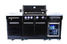 Mont Alpi MA-957FC 5-Burner 63000 BTU Black Stainless Steel Outdoor Kitchen Bar Gas Barbecue Island Grill with Infrared Rear Burner + Fridge Cabinet + Rotisserie Kit & Full Weather Cover