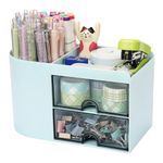 Meiikun Desk Organizer, Plastic Pencil Holder with 2 Drawers, 3 Compartments & a Top Tray, Small Stationery Desktop Storage Box, Office Desk Accessories, 18 cm x 9.5 cm x 10.5 cm (Blue)