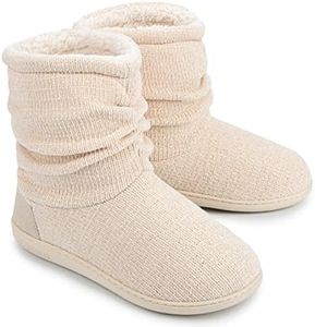 LongBay Women's Chenille Knit Bootie Slippers Cute Plush Fleece Memory Foam House Shoes (Medium / 7-8 B(M), Cream)