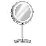 Navaris LED Illuminated Makeup Mirror - Two-Sided Vanity Mirror with Normal and 7x Magnification - 2-in-1 360° Swivel Cosmetics Mirror - Silver