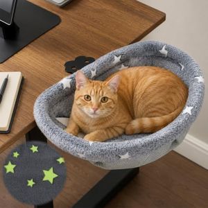 Himake Cat Desk Bed with Clamp, Glow in The Dark Cat Desk Hammock, Desk Perch with Removable Washable Cover, Sturdy Metal Frame, Supports up to 50 Lbs