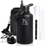 KOLETIKO Insulated Stainless Steel Water Bottle 64 oz with Straw, No BPA Sport Water Bottles Half Gallon with Paracord Handle & Carrying Pouch, Great for Camping & Gym, Magic Black