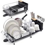 KINGRACK Dish Drainer, Stainless Steel Expandable Kitchen Large Capacity Dish Drying Rack with 360 Swivel Spout, Black