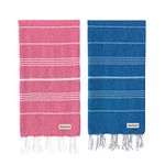 Blue Beach Turkish Towel - Set of 2-100x180cm Large Turkish Hammam Peshtemal Towel - Super Absorbent, Quick Dry, Lightweight, Compact Towels for Swimming, Bath, Gym and Travel (Blue + Fuschia)