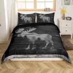 Moose Cabin Duvet Cover Set Wild Animal Jungle Pine Trees Silhouette Bedding Set for Kids Teens Adults Gray Wooden Stripes Grid Rustic Comforter Cover with 2 Pillowcases(No Comforter)Queen Size 3 Pcs