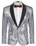 COOFANDY Men Shiny Sequin Blazer Tuxedo Party Dinner Prom One Button Suit Jacket, Silver, S