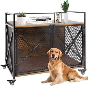 Ketive Dog Crate Furniture with Cushion, 41"L Wooden Dog Crate End Table with Double Doors, Chew-Resistant Dog Kennel Indoor, Heavy Duty Dog Crate with Wheels, Rustic Brown (41"L x 23.6 "W x 35.8 "H)