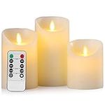 Aku Tonpa Flameless Candles Battery Operated Pillar Real Wax Flickering Moving Wick Electric LED Candle Set with Remote Control Cycling 24 Hours Timer, Pack of 3 (D:3" X H:4" 5" 6")