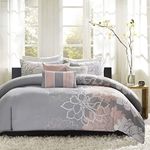 Madison Park Lola 100% Cotton Duvet Set Beautiful Floral Pattern, Ruffle Border Design All Season, Breathable Comforter Cover Bedding, Matching Shams, Full/Queen(90"x90"), Aqua/Grey 6 Piece,Blush/Grey