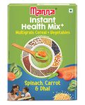 Manna Health Mix Instant Multigrain Cereal, Spinach, Carrot, Dal with Milk. Made with Real Vegetables and 8 super grains and millets. No Added Sugar, No Artificial Color, Flavors 200g