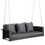 City Outdoor Furniture Hanging Porch Swing 3-Seater Patio Rattan Wicker Porch Swings Outdoor Solid Chain Comfortable Back Front Porch for Garden Balcony and Living Room Patio Swing (Black & Silver)