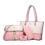 Women Fashion Synthetic Leather Handbags Tote Bag Shoulder Bag Top Handle Satchel Purse Set 4pcs, Pink, Beige, Large