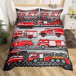 Red Fire Truck Bedding Set,Firemen Car Vehicle Duvet Cover for Kids Teen Boys Girls,Fire Engine Pattern Comforter Cover Decorative Room,Tire Printing Quilt Cover with 2 Pillowcases,Full Size