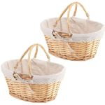 ZOENHOU 2 PCS Wicker Picnic Basket, Hand Woven Willow Picnic Hamper with Folding Handle, Easter Basket Empty Gift Basket for Fruit, Candy, Wine, Egg Gathering, Wedding, Natural