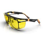 DEX FIT Safety Over Glasses SG210 OTG; Z87 Eye Protection, Fog & Scratch Resistant, Adjustable for Women & Men, Blue Light Blocking & UV Protective (Black & Orange Frame, Yellow Lens)