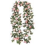 2pcs 14.4FT Artificial Rose Flower Vine Fake Rose Garland Faux Hanging Plant with Champagne Silk Rose Flowers for Wedding Arch Home Party Office Coffee Shop Decoration