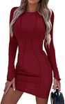 PRETTYGARDEN Womens 2024 Fall Bodycon Mini Dresses Casual Long Sleeve Solid Color Short Tight Ladies Party Club Fashion Dress (Wine Red,Small)