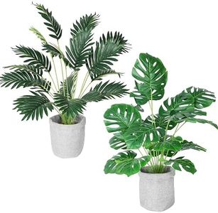 Artificial Areca Palm and Monstera Deliciosa Plants in Hessian Pot, 2-pk, Large UV Resistant Fake Plants with Realistic Leaf Texture, Indoor Artificial Plants for Home Decor, 65cm High, Fade Resistant
