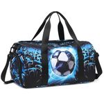 Kids Duffle Bag for Boys Water Resistant Small Gym Bag Overnight Weekender Travel Tote with Shoe Compartment and Wet Pocket, Blue-passion football