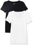 Amazon Essentials Women's 2-Pack Slim-Fit Short-Sleeve V-Neck T-Shirt, Black/White, Small