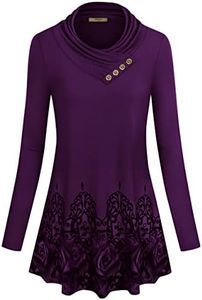 Miusey Floral Tunic Tops for Women, Tunics for Women to wear with Leggings Long Sleeve Vintage Printed Cowl Neck Tops Casual Tunic Blouses Purple Flower Medium