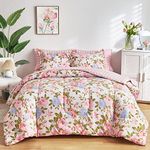 White Floral Comforter Sheet Set 7 Pieces Bed in a Bag Queen Size Green Vine with Pink Purple Flowers Reversible Bedding Set(1 Comforter 2 Pillow Shams 1 Flat Sheet 1 Fitted Sheet 2 Pillowcases)