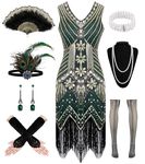 Women's 1920s Flapper Dresses, Lace Fan Feather Headband Sequin Beaded Fringes Vintage V Neck Roaring 20s Accessories