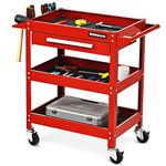 IRONMAX 3 Tier Tool Chest, Heavy Duty Industrial Utility Service Cart with Drawer & Universal Wheels, Rolling Mechanic Tool Box Organizer for Garage Warehouse Workshop Shop Office (Red)