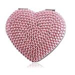 Handmade Heart Pink Bling Crystal Compact Mirror Cute Rhinestone Portable Makeup Mirror for Woman