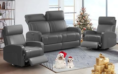 Duitrc 3PC Living Room Furniture Set, Power Loveseat Recliner Sofa and 2PC Swivel and Rocking Glider Recliner Chair, Electric PU Leather with Adjustable Headrest, Lavish Reclining Loveseat Grey, 2+1+1