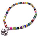 Kitty Cat Charm Beaded Anklet, Multi-Colour Glass Seed Bead Mix with Silver Tone Charm, Size Medium/Large 10 inches, Gift for Cat Lover, Kitten Jewellery, Pet Lover Anklet