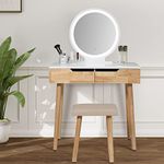 YOURLITE Dressing Table with LED Lights Mirror White Vanity Makeup Table Set with 2 Drawers, Adjustable Brightness Mirror, Cushioned Stool and Free Make-up Organizer(Round Mirror Wood)