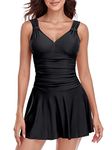 RELLECIGA Retro Collection –Women's Black Ruched Tummy Control One Piece Skirt Swimsuits Size Medium