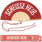 Fisura Original hand fan with the message Sch*isse Heir. Modern and funny wooden fan. Red and white fan. Fan with fan holder. Dimensions: 42.5 x 23 cm.