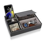 Baoyun Mens Valet Tray Organizer Leather Valet Box EDC Catch all tray with 5 Compartments for Wallet Key Phone Dresser Top Nightstand Organizer (Grey & Black)